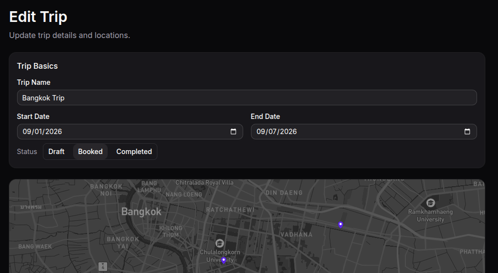 Travel Planner edit trip screenshot
